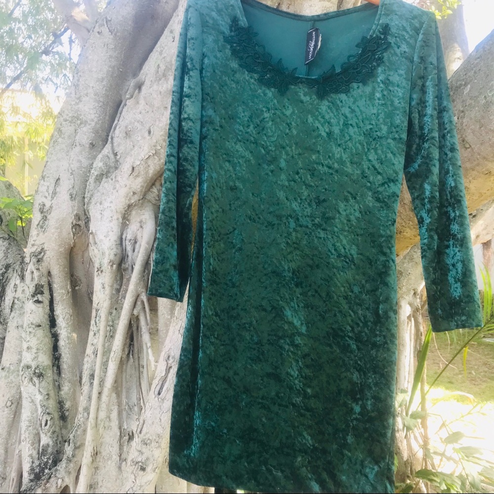 Vintage Retro 90’s Crushed Velvet Emerald Dress - Picture 6 of 6